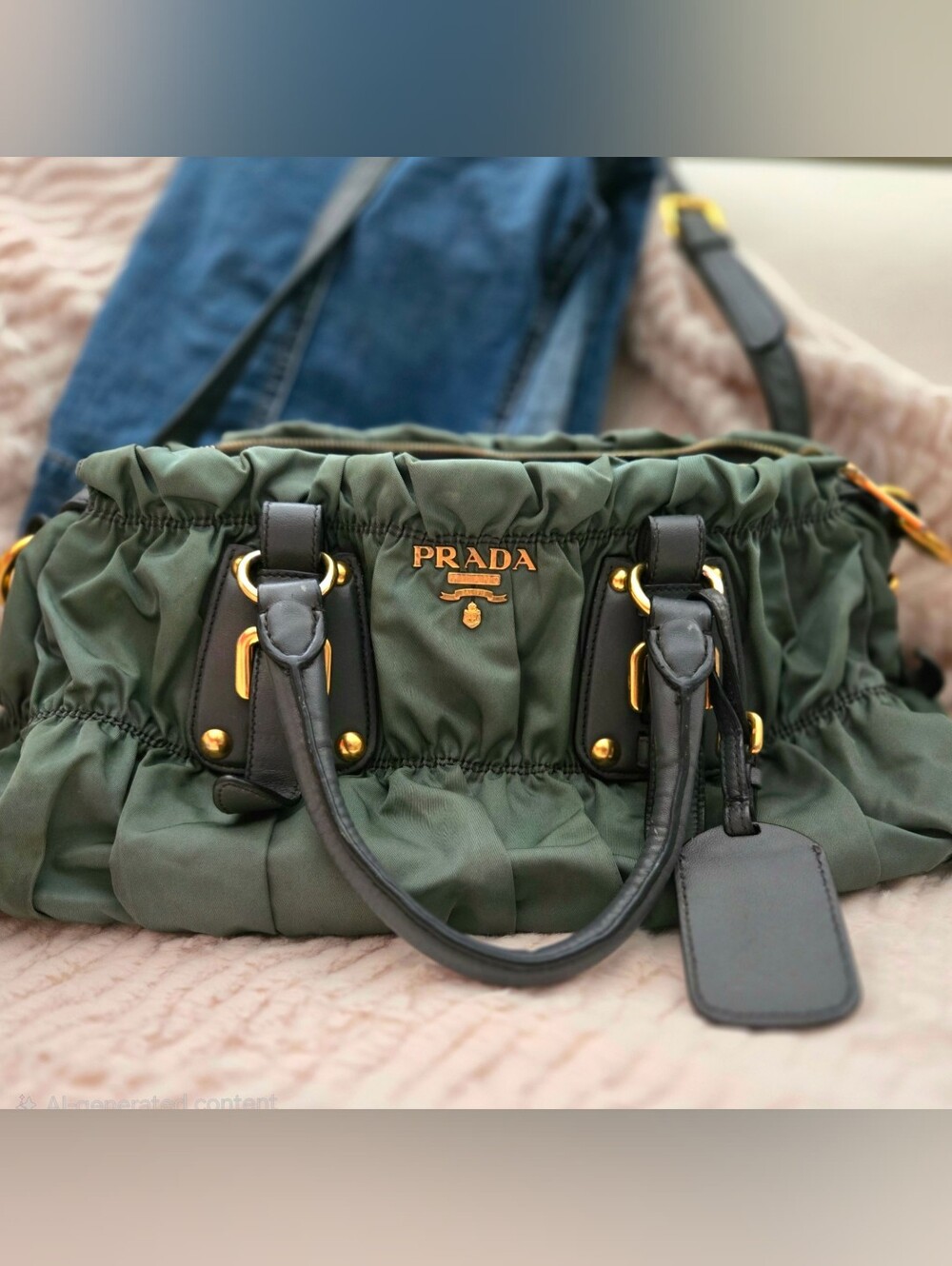Authentic PRADA Vintage Olive Green Tessuto Gaufre Ruched Nylon Satchel Bag